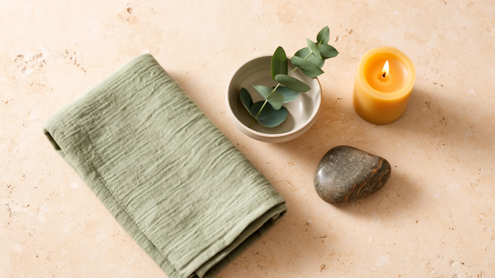 Linen towel, eucalyptus and beeswax candle on stone