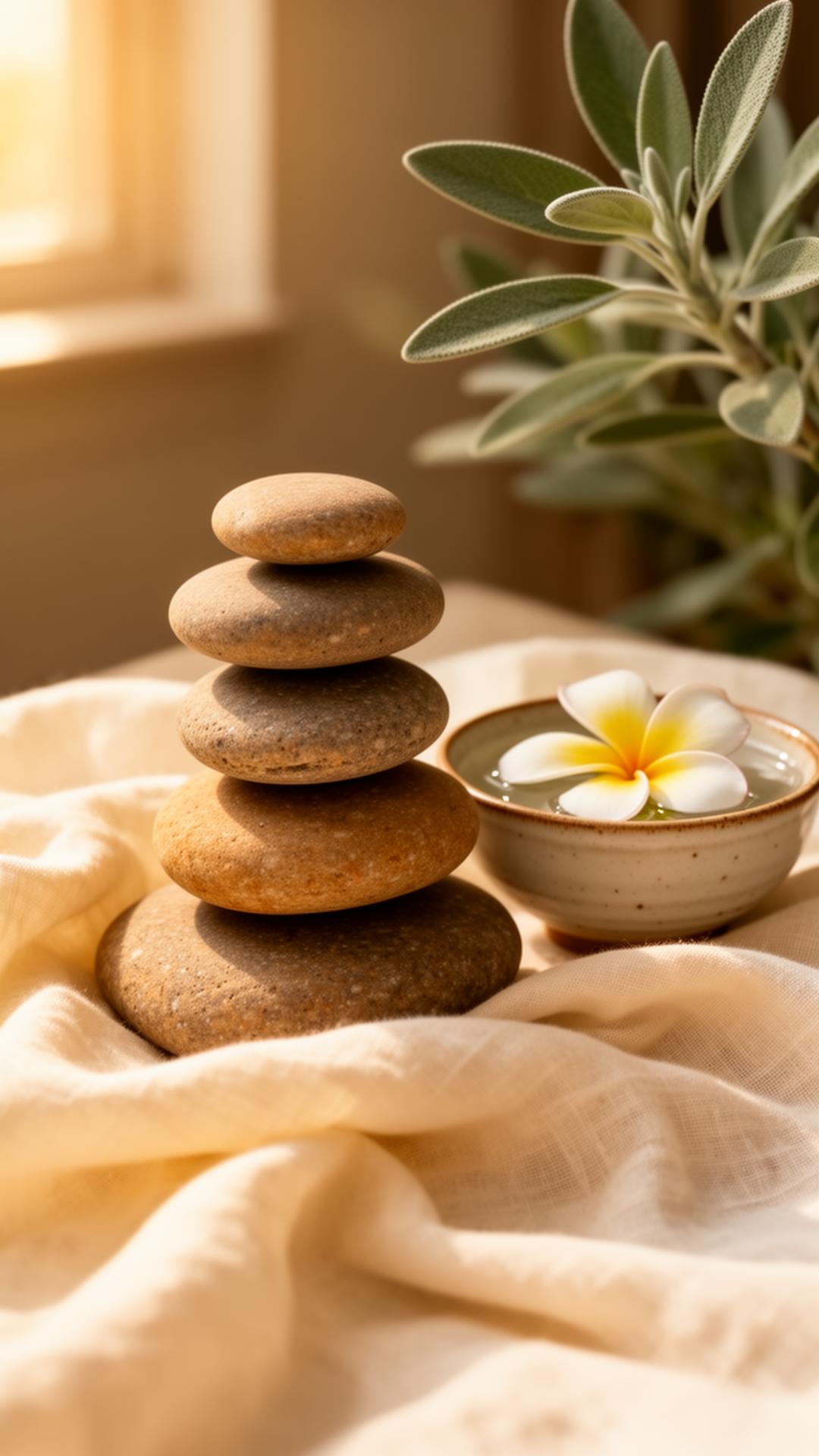 Stacked warm stones and frangipani in soft window light